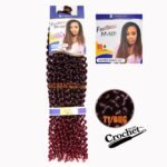 Synthetic crochet hair for braiding, showing a burgundy ombre curly style.